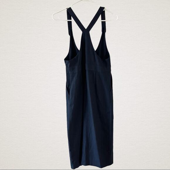 Zara Pinafore Midi Dress Womens Navy/Red Medium Pinstripe Overalls Casual Basic - Picture 2 of 8